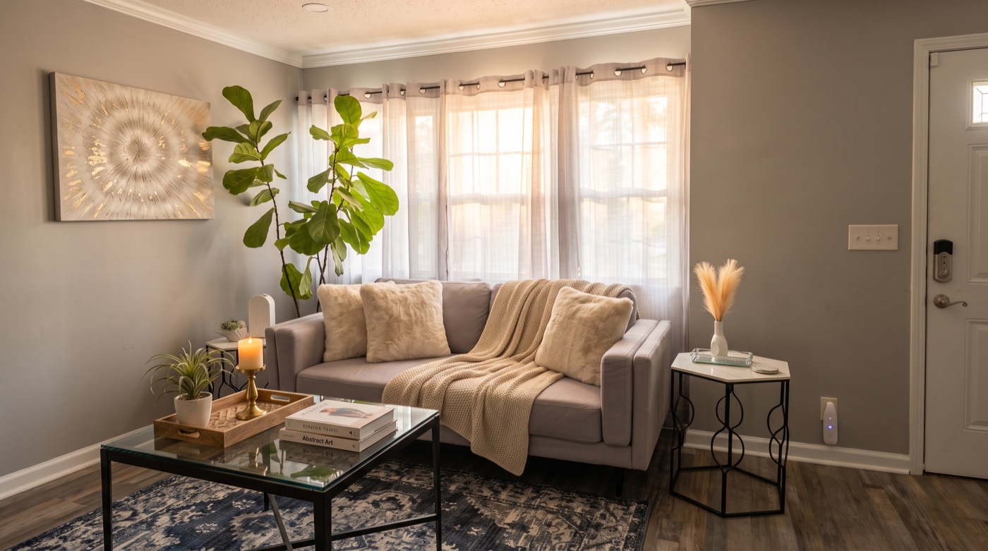 A bright, welcoming co-living living room with a sofa, plants, and warm natural light