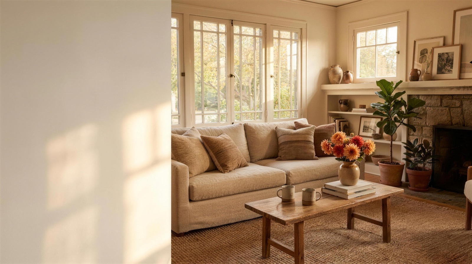 A warm, sunlit co-living living room