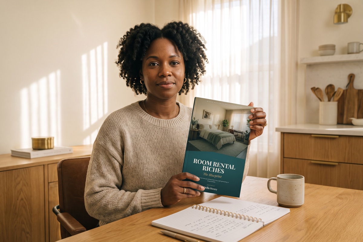 Someone just getting started, holding a copy of Room Rental Riches: The Blueprint at her kitchen table with a notebook open beside her