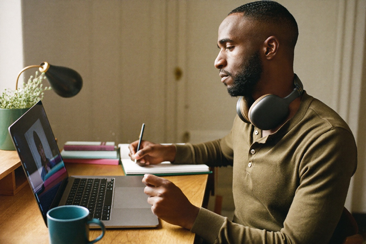 Working through the course at a home desk, following a video lesson and taking notes