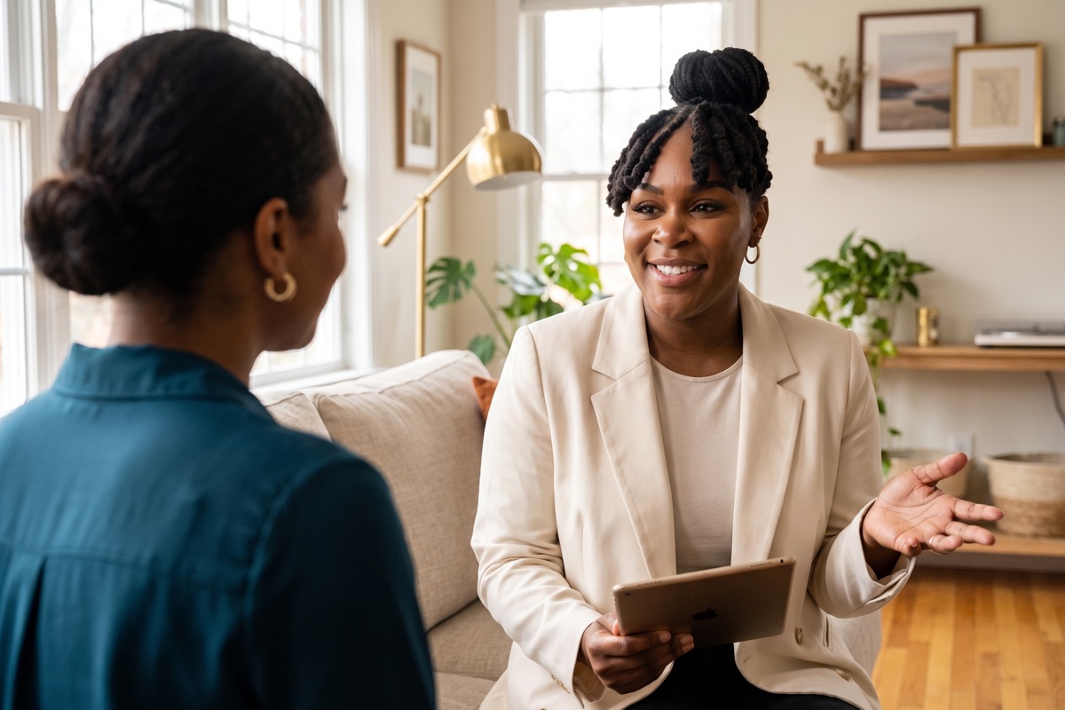 Della Henry walking an owner who already has properties through her numbers, in the living room of a furnished co-living house