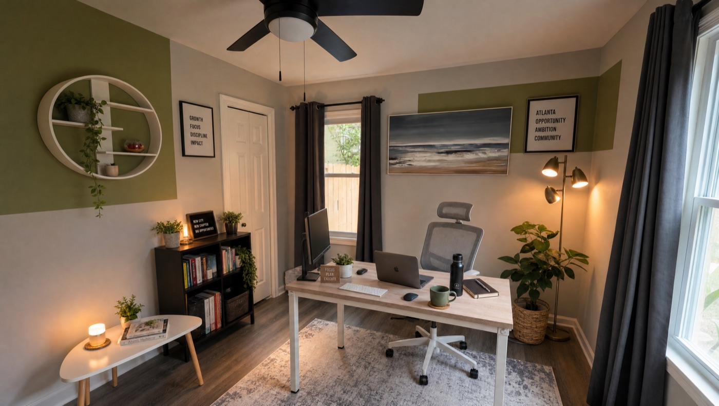A tidy home office set up for focused, systems-driven work