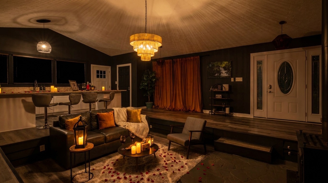 The Retreat's candlelit living room set for a romantic date night, with rose petals and warm lighting